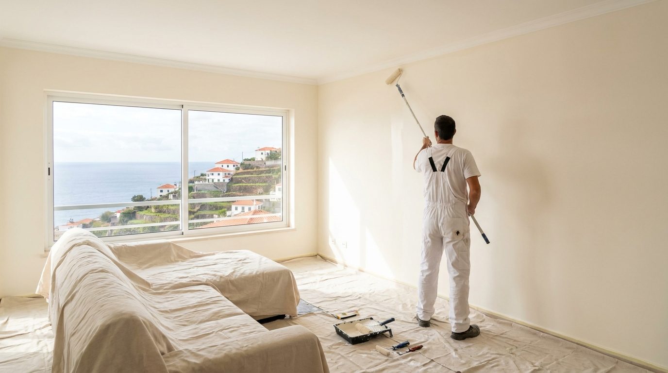 Pintor a acabar uma parede numa sala com vista para o mar no Funchal